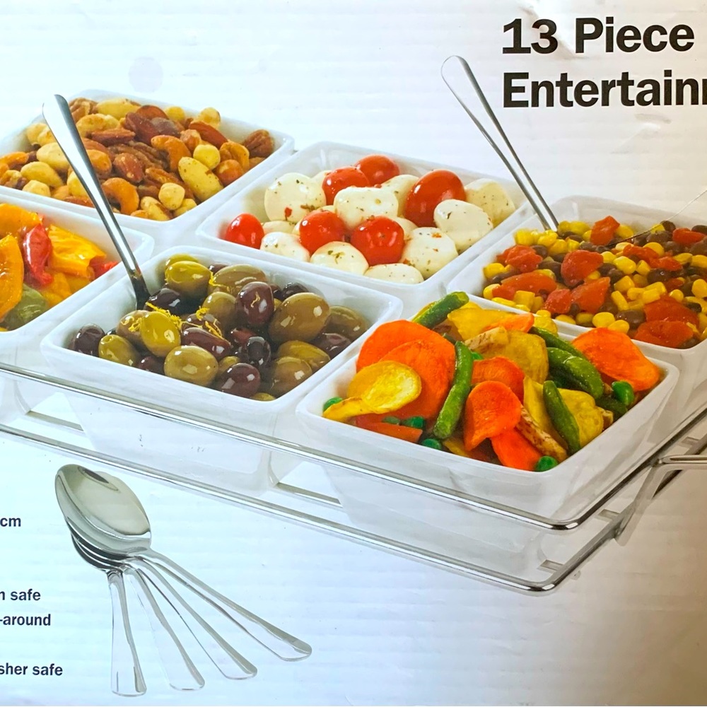 13 Pc entertainment set 6 porcelain serving dishes & chrome metal serving tray